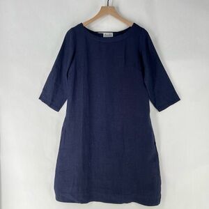 EllemenTree‎ Navy Blue 100% Linen 3/4 Sleeve Knee Length Shift Dress Pockets S